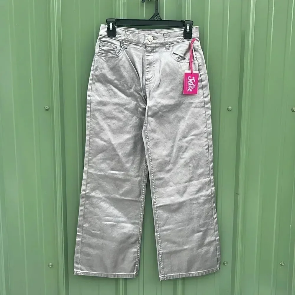 Girls Wide Leg Silver Denim Pleather Pants Size 12